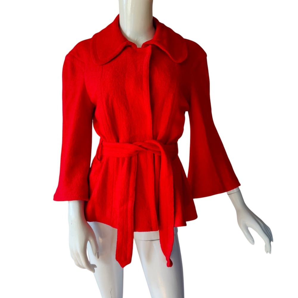 VTG Y2K Red Wool Blend Cropped Coat Mod Retro Trumpet Sleeve 10 Twee Academia